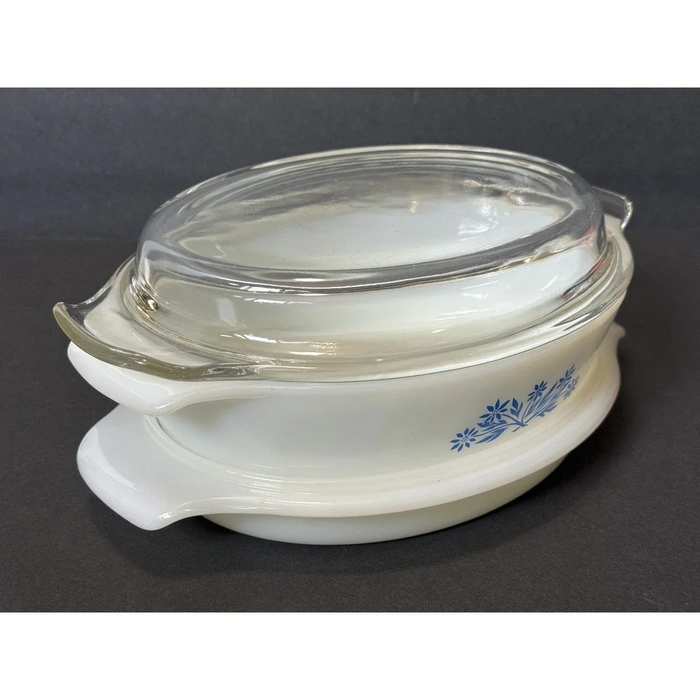 ANCHOR HOCKING Fire King VTG Blue Cornflower Casserole Dish #433 1.5 QT - 2 Lids